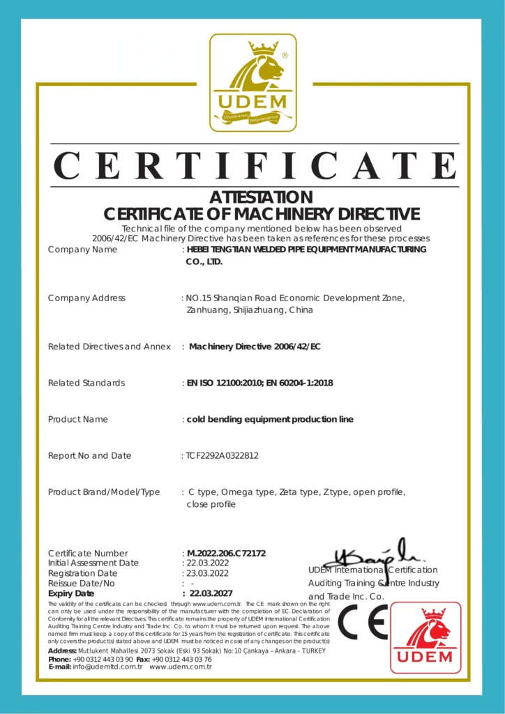CE certificate, EC Machinery Directive 2006/42/EC — cold bending equipment production line