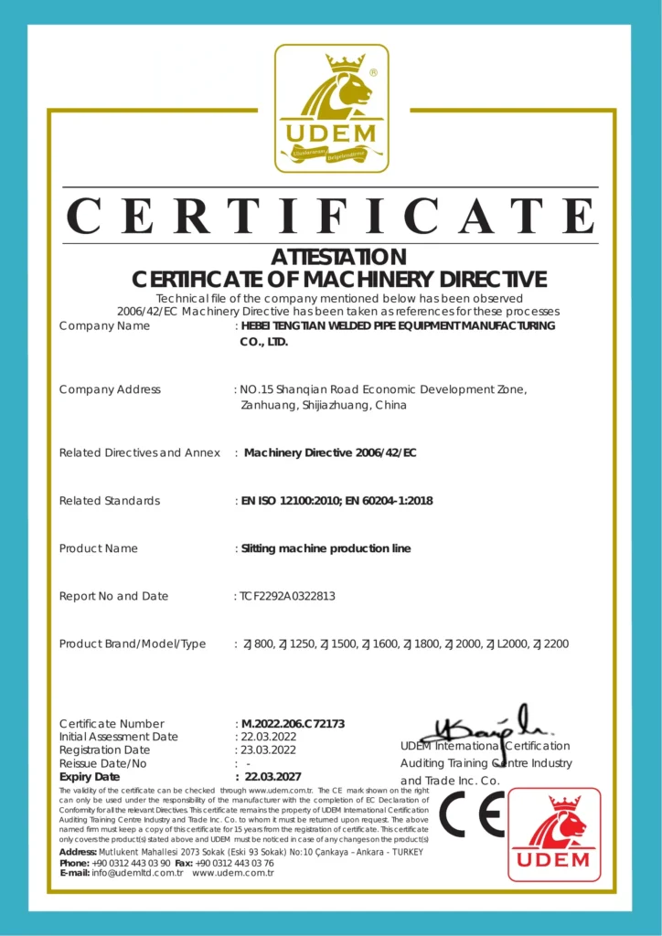 CE certificate, EC Machinery Directive 2006/42/EC — slitting machine production line