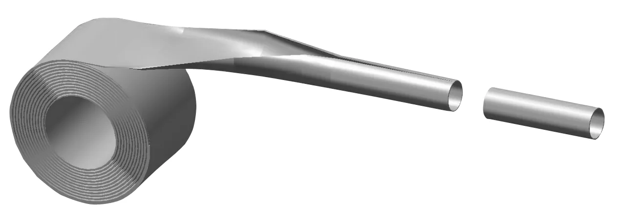 Diagram: steel coil, slit strip and finished welded pipe
