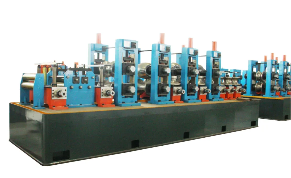 HG165 HFW tube mill line on its green base frame