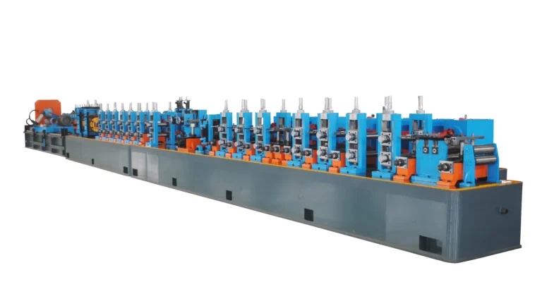 HG32 HFW tube mill line seen end-on down the shop floor