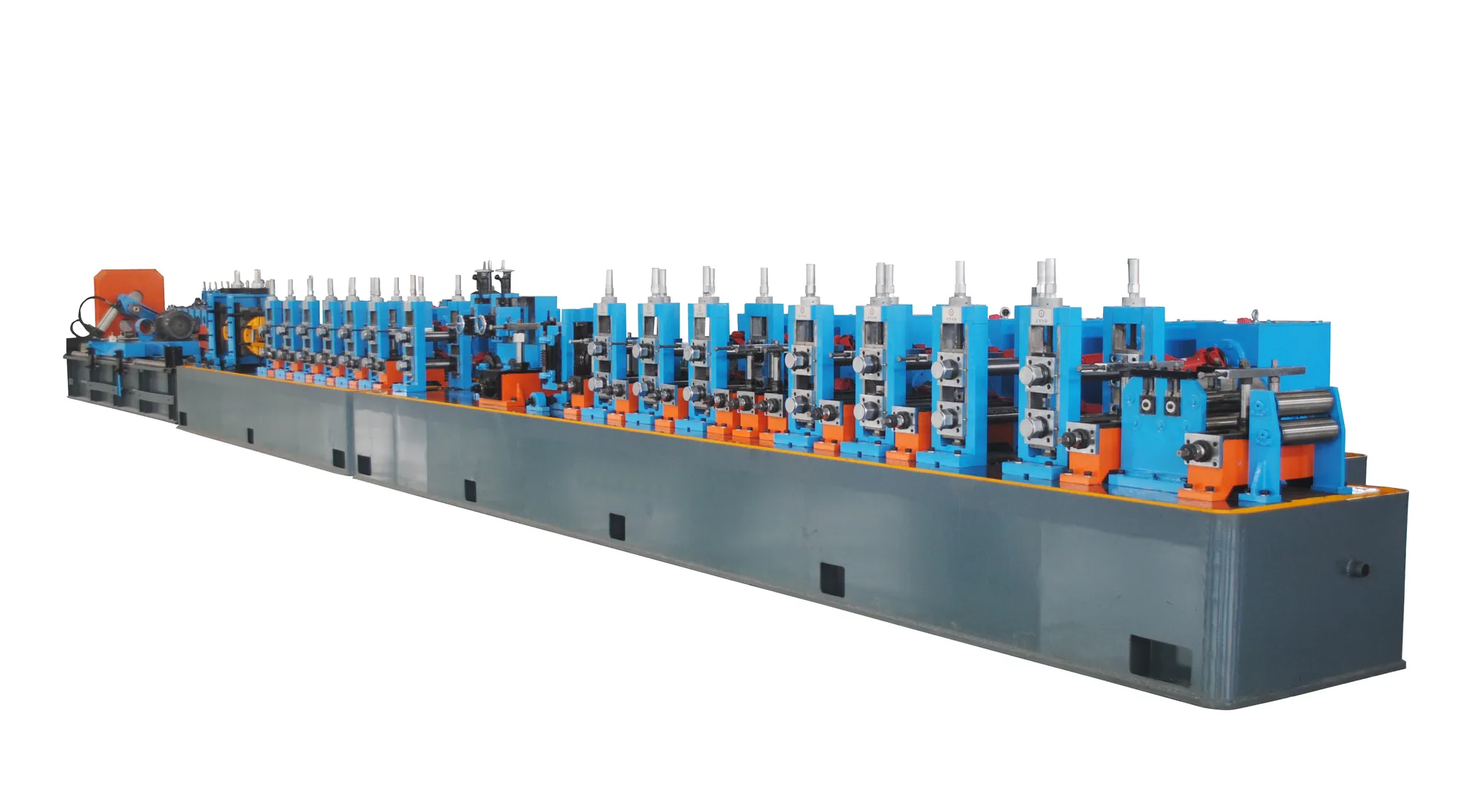 HG32 HFW tube mill line seen end-on down the shop floor