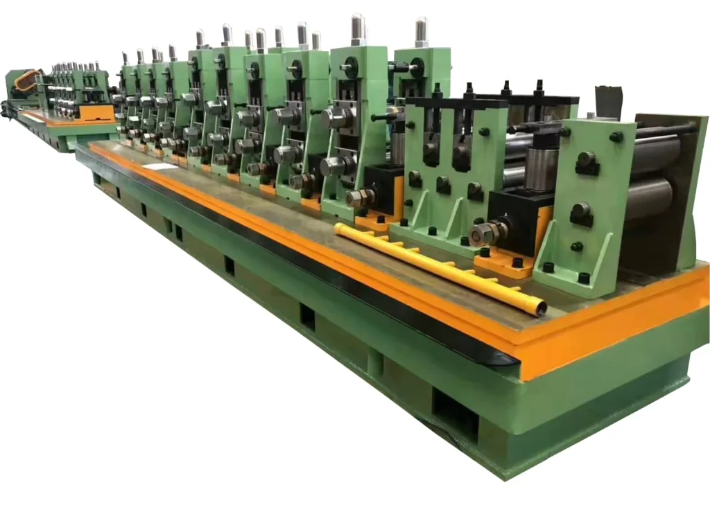 Green-framed HG50 HFW tube mill line, full length with the runout table