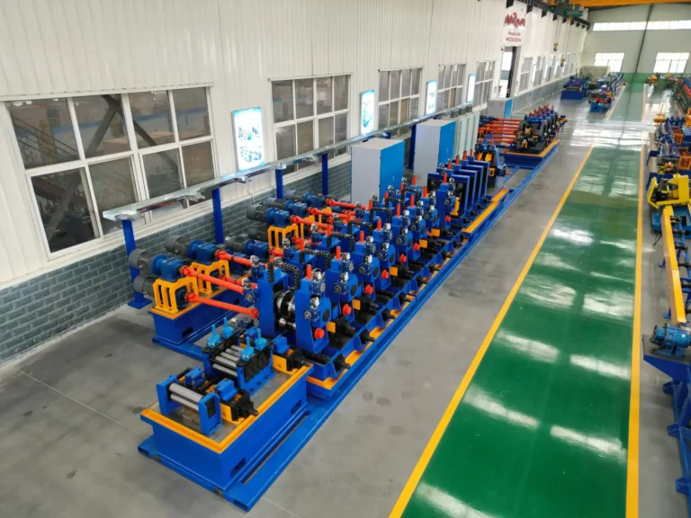 Welded tube mill line, forming and sizing stands